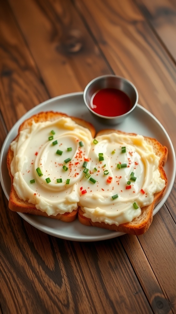 Creamy Mashed Eggs on Toast Recipe Creamy mashed eggs on toast garnished with chives and red pepper flakes on a rustic table.